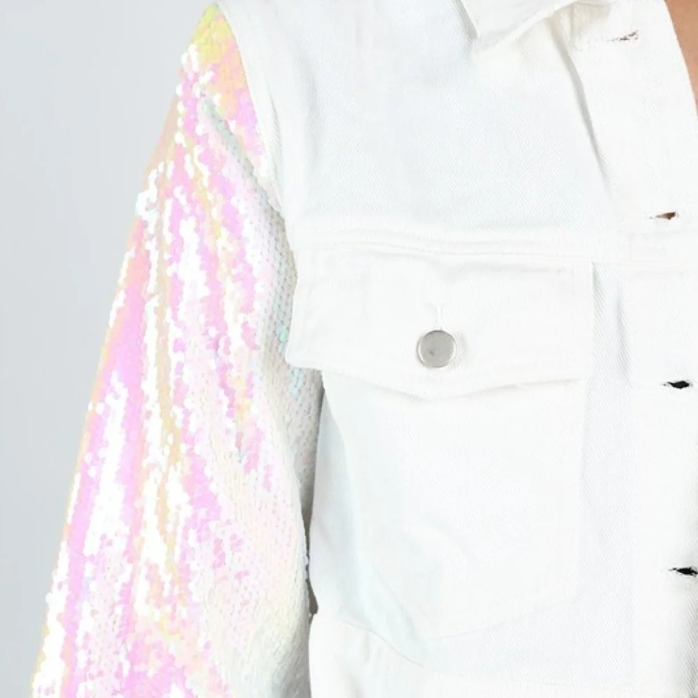 WHITE Denim jacket with sequin sleeves